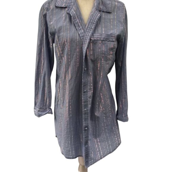 Victoria Secret Blue Iridescent Bed Shirt Long Size Medium M Striped Stripes - Picture 8 of 12